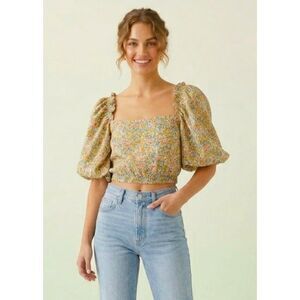 Blush J Floral Milkmaid Blouse M 100% Cotton Crop Top NWT 1/2 Sleeves Cottage